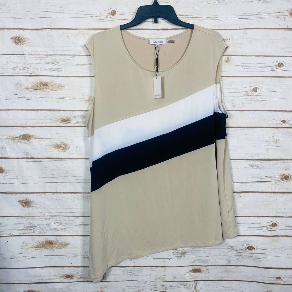Calvin Klein Women’s‎ Asymmetrical Colorblock Top Sleeveless Tan White Black 1X